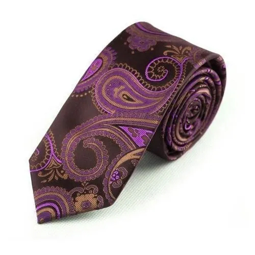Mens Printed Silk Necktie - 5x70 cm , Purple Color with Multicolor Pattern for Party Wear