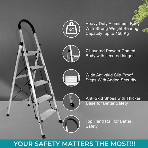 Aluminium Premium Silver 5 Step Ladder - Feature: High Quality