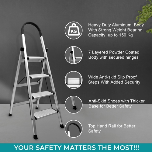 Aluminium Premium Silver 4 Step Ladder - Feature: High Quality