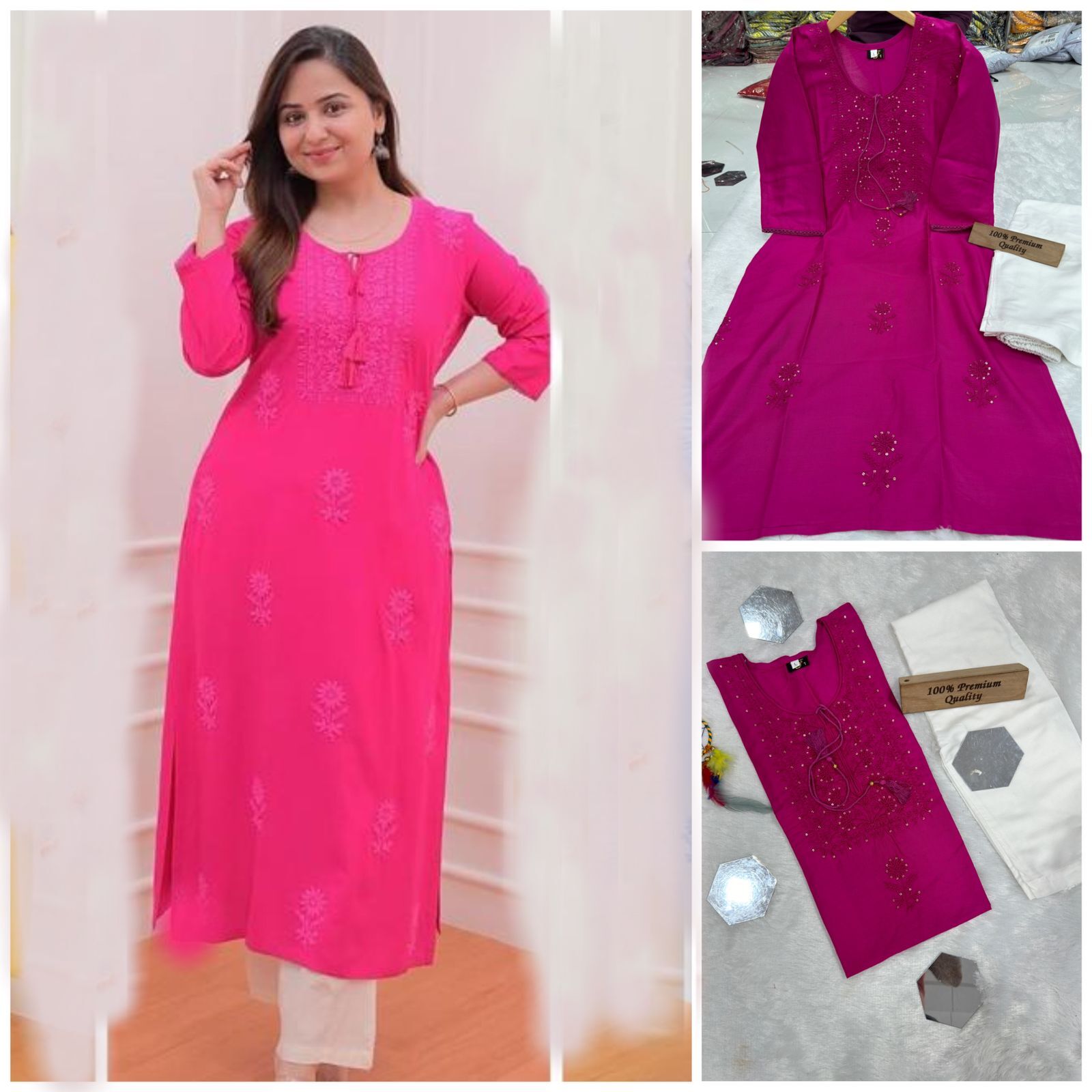 Rayon Cotton Kurti - Beautiful Heavy Rayon Cotton With Lakhnavi Work, Available In Size M(38), L(40), Xxl(44)