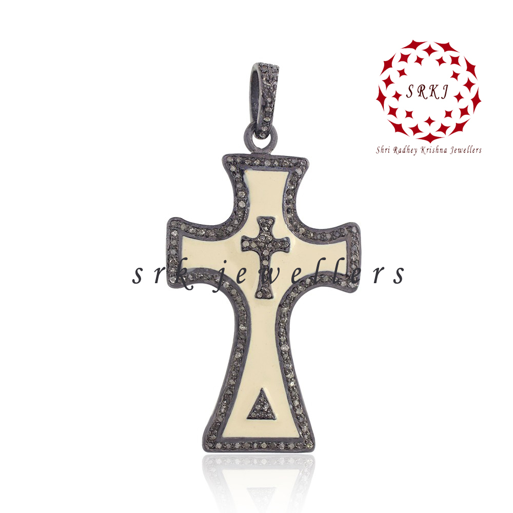 Starling Silver Handmade Pave Diamond Cross Style Fancy Pendant - Gender: Men