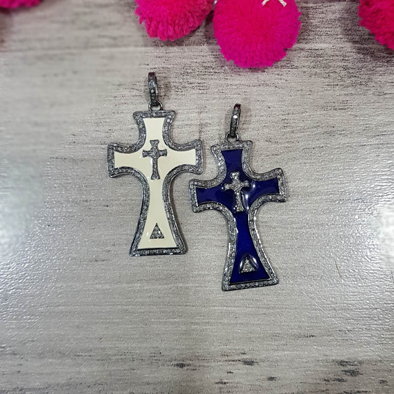 Starling Silver Handmade Pave Diamond Cross Style Fancy Pendant - Gender: Men