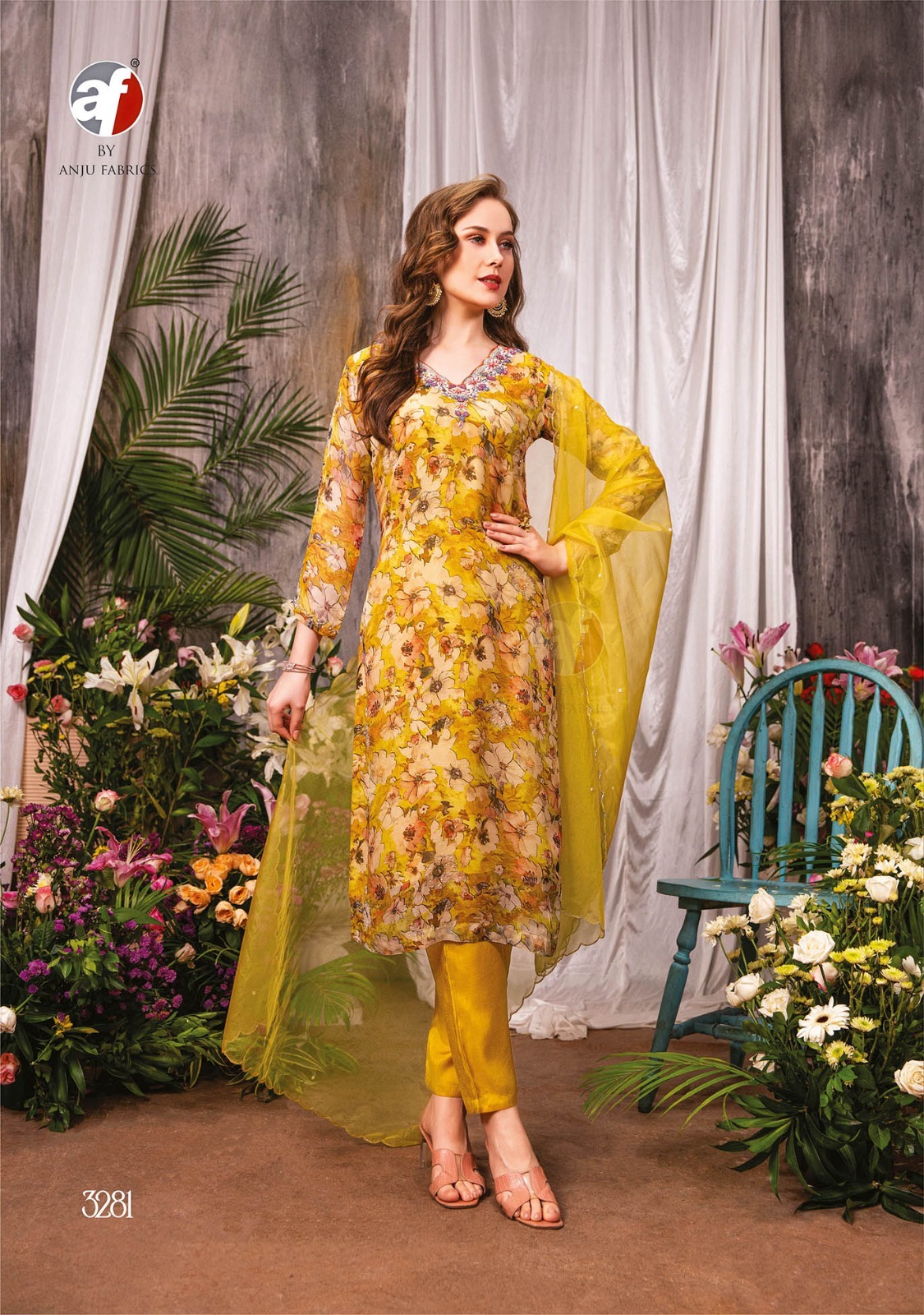 Pure Organza V Neck Kurti Pant Set With Handwork - Color: As Shown In The Catalog