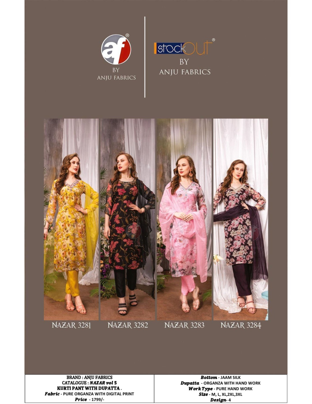 Pure Organza V Neck Kurti Pant Set With Handwork - Color: As Shown In The Catalog