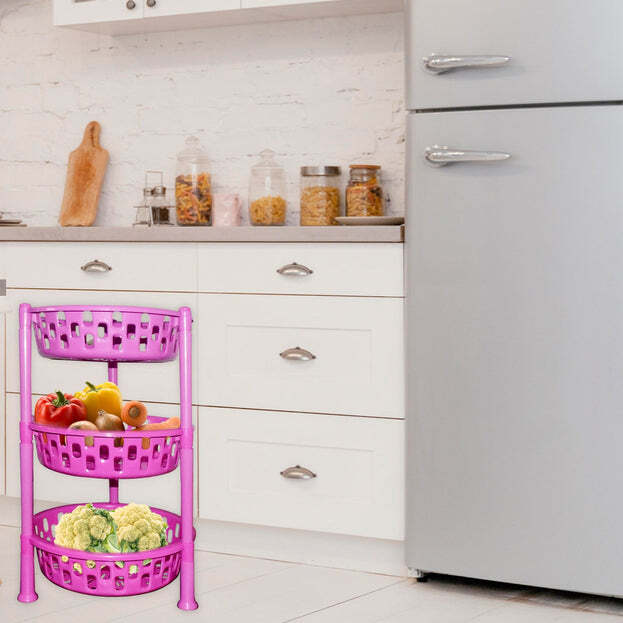 3 Layer Round Multipurpose Storage Basket Rack - Quality Food Grade Plastic, 900mm Size, Multicolor Design | Versatile Kitchen Organizer For Fruits, Vegetables, And Daily Essentials