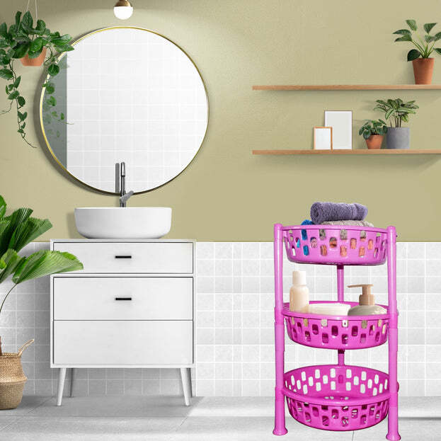 3 Layer Round Multipurpose Storage Basket Rack - Quality Food Grade Plastic, 900mm Size, Multicolor Design | Versatile Kitchen Organizer For Fruits, Vegetables, And Daily Essentials