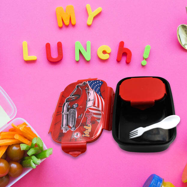 Beautiful Car Design Printed Plastic Lunch Box With Inside Small Box And  Spoon For Kids