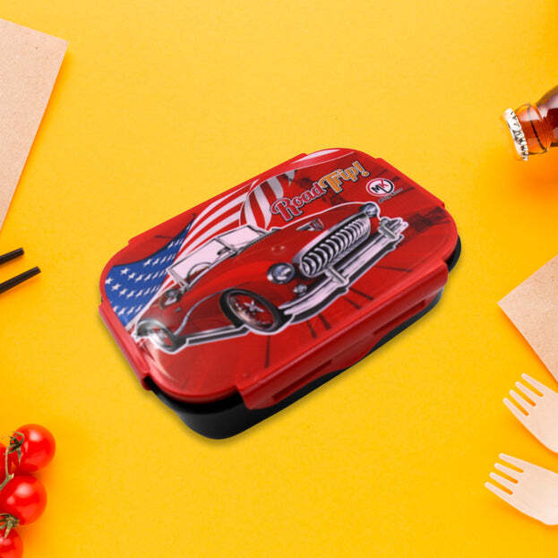 Beautiful Car Design Printed Plastic Lunch Box With Inside Small Box And  Spoon For Kids