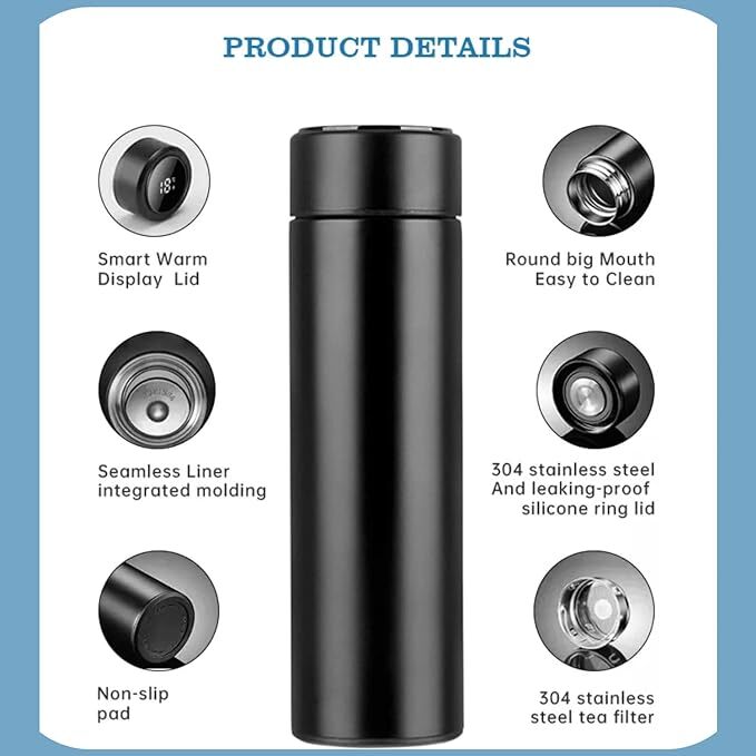 Paykars Insulated Bottle - 500 Milliliters Stainless Steel Vacuum Flask | Temperature Display, Leakproof & Bpa-free For Travel, Outdoor, Gym, Office