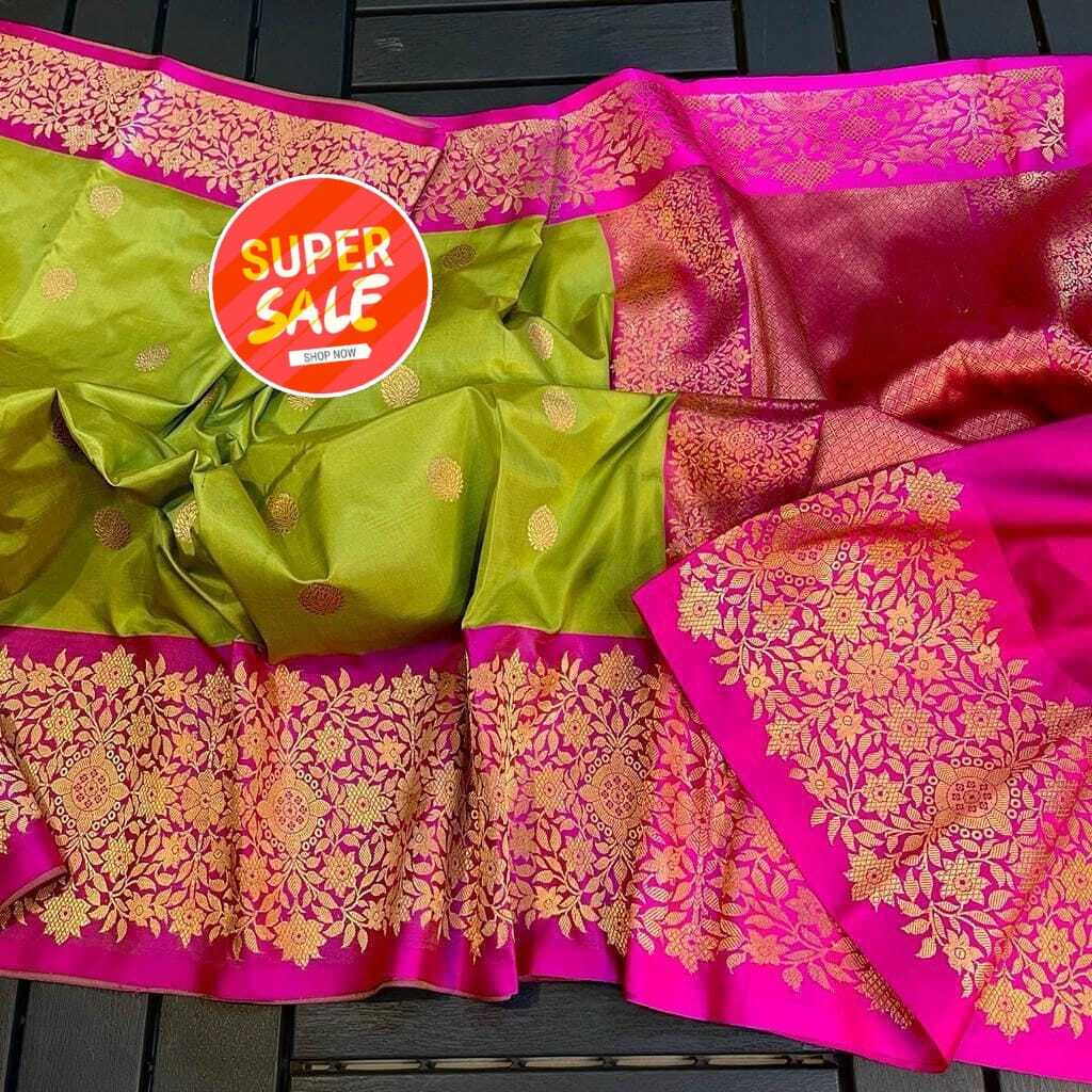 Banarasi Katan Silk Saree - Color: Pink And Green