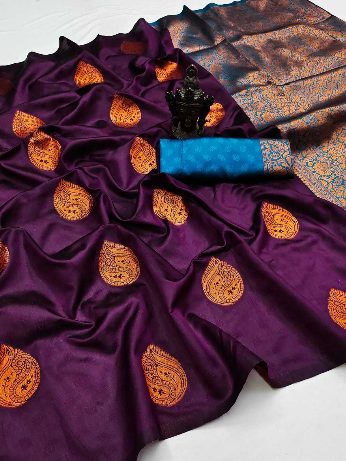 Soft Silk Saree - Color: Blue And Red