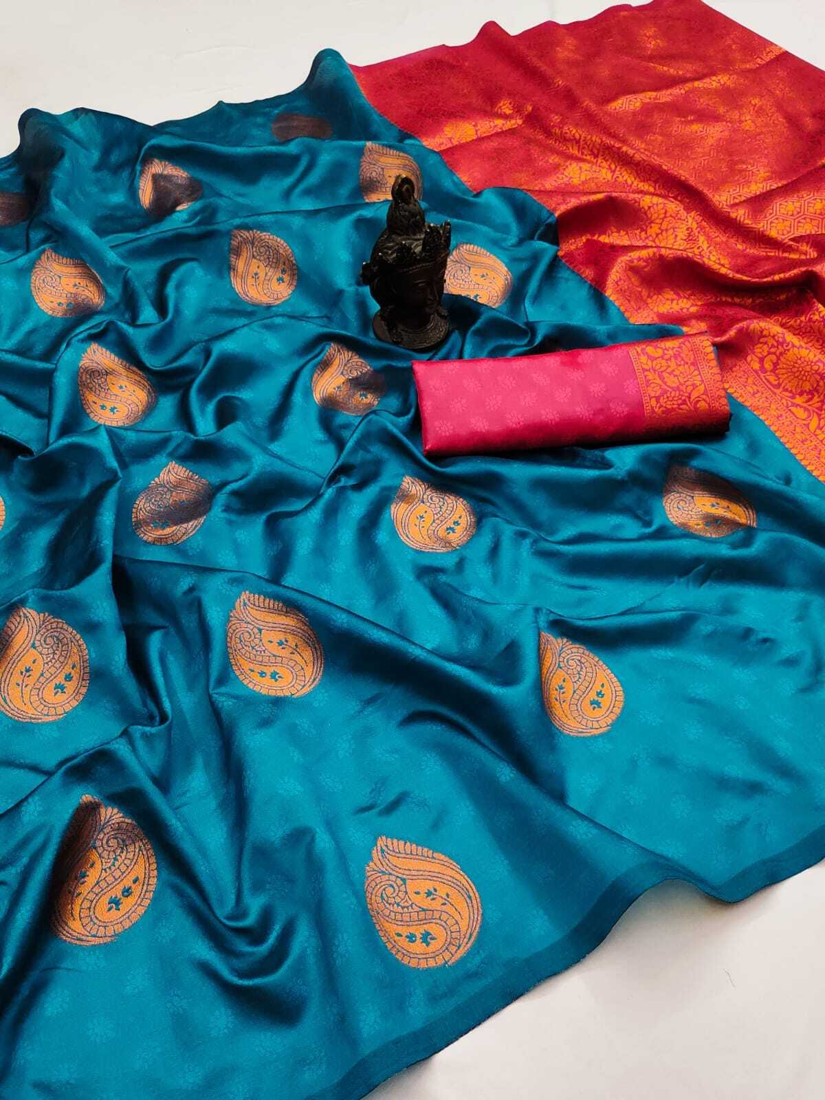 Soft Silk Saree - Color: Blue And Red