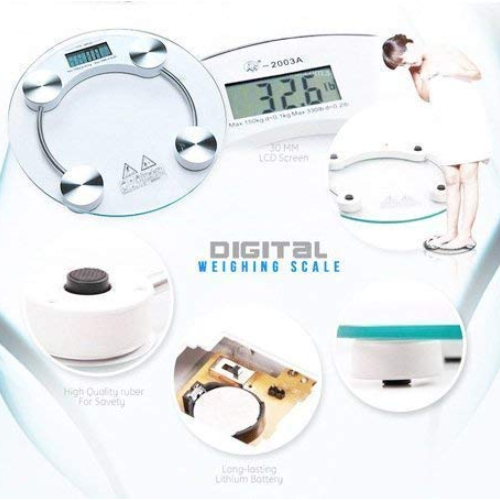 Digital Round Thick Glass Weighing Scale - 8 Mm Tempered Glass, 180 Kg Capacity, White | High Precision Sensors, Auto Power On/off, Large Lcd Display