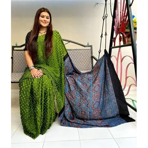 Modal Bandhni Ajrakh Printed Saree - Modal Fabric, Multicolor Print | Perfect for Casual Occasions, Easy to Drape, Suitable for All Seasons