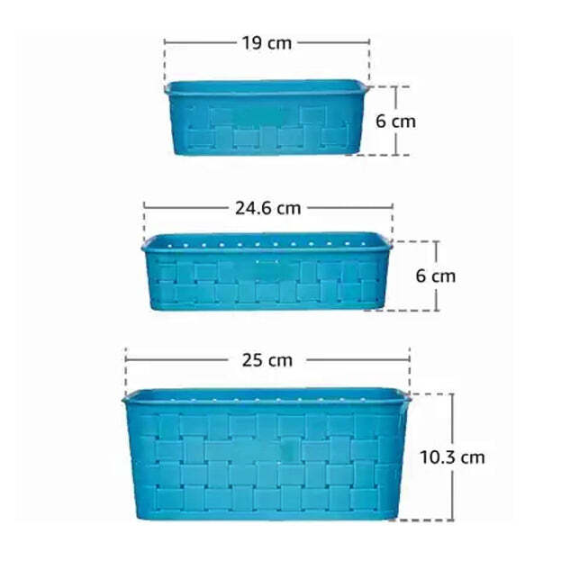 Smart Baskets For Storage - Polypropylene, Set Of 3 (Large: 25x19.5x10, Medium: 24.5x19x6, Small: 19x14x6) , Blue Color, Woven Design For Organized Kitchen
