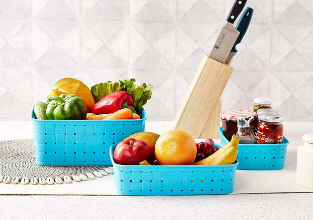 Smart Baskets For Storage - Polypropylene, Set Of 3 (Large: 25x19.5x10, Medium: 24.5x19x6, Small: 19x14x6) , Blue Color, Woven Design For Organized Kitchen