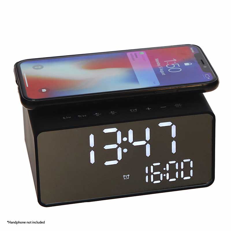 Wave Stereo Digital Alarm Clock - Compact 70x130x90mm Black | Bluetooth Usb Charging Fm Radio Dual Alarms Battery Backup Light Dimming Anti-theft Security