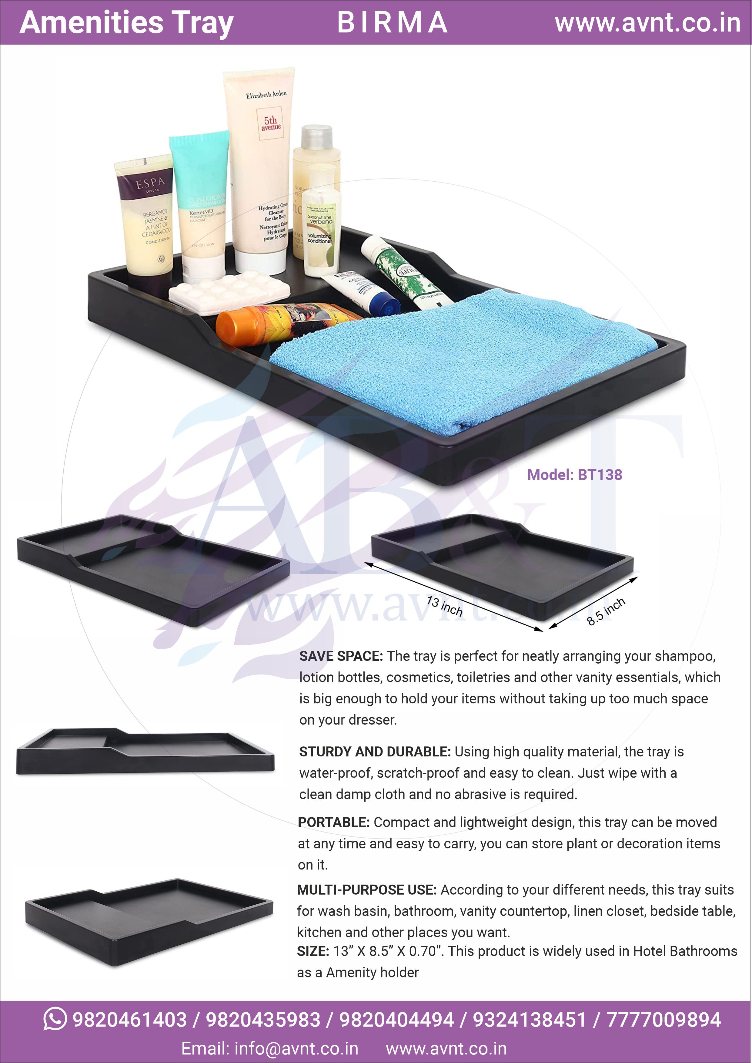 Bathroom Amenity Tray - Waterproof & Scratch-proof, 13" X 8.5" X 0.70" Inch, Elegant Matte Black Finish For Toiletries And Guest Essentials