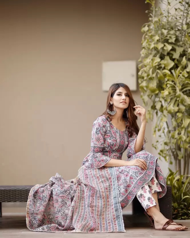 Cotton Anarkali Suits - Size L, Grey Color With Printed Design | Sleeveless Style, Detailed Beaded Embroidery And Sequins