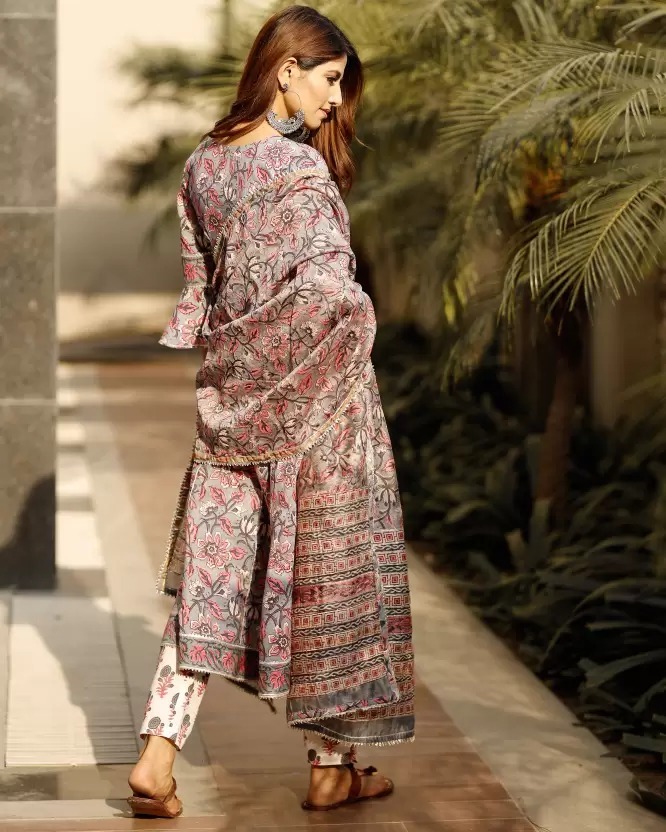 Cotton Anarkali Suits - Size L, Grey Color With Printed Design | Sleeveless Style, Detailed Beaded Embroidery And Sequins
