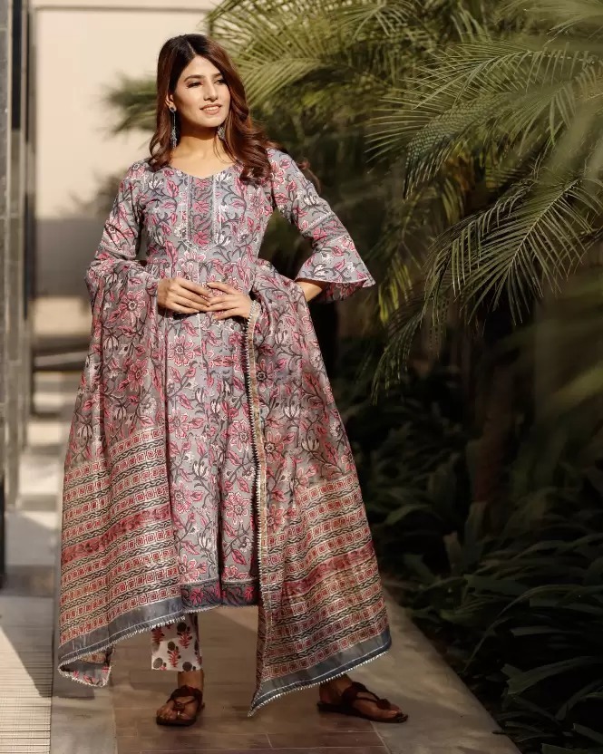 Cotton Anarkali Suits - Size L, Grey Color With Printed Design | Sleeveless Style, Detailed Beaded Embroidery And Sequins