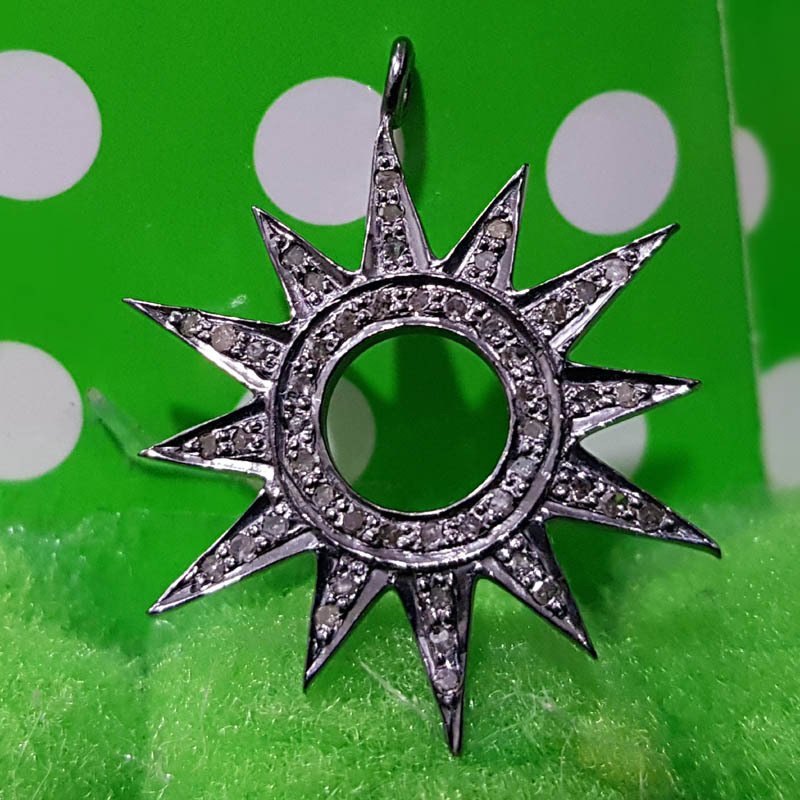 925 Sterling Silver Handmade Pave Diamond Round Sunburst Pendant - 54x22 Mm, 0.48 Cts Diamond Weight, Elegant Design, Stylish Neckwear Item