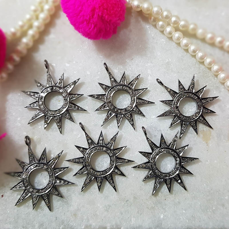 925 Sterling Silver Handmade Pave Diamond Round Sunburst Pendant - 54x22 Mm, 0.48 Cts Diamond Weight, Elegant Design, Stylish Neckwear Item