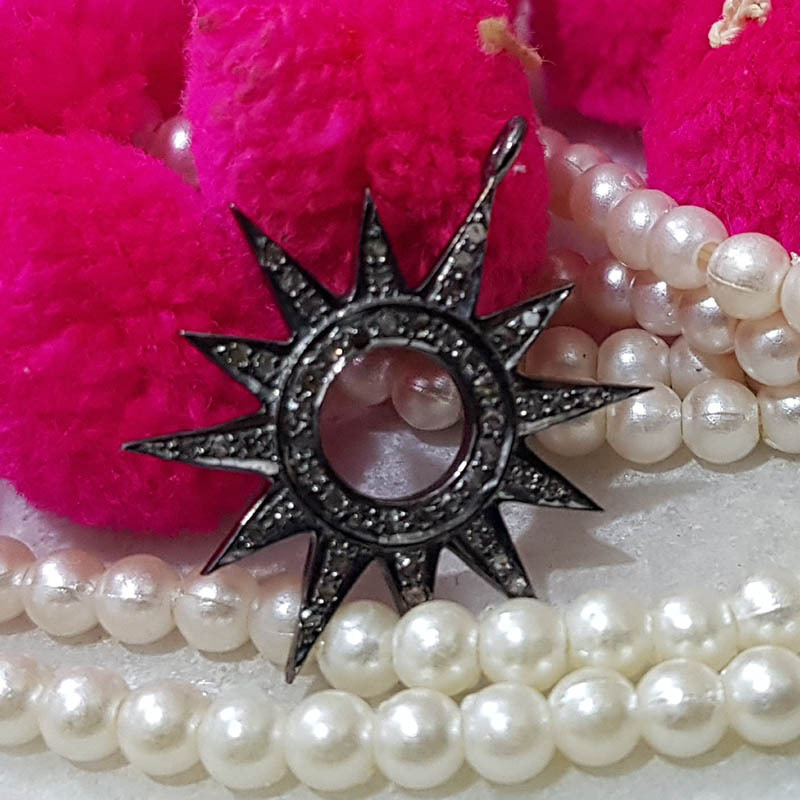 925 Sterling Silver Handmade Pave Diamond Round Sunburst Pendant - 54x22 Mm, 0.48 Cts Diamond Weight, Elegant Design, Stylish Neckwear Item