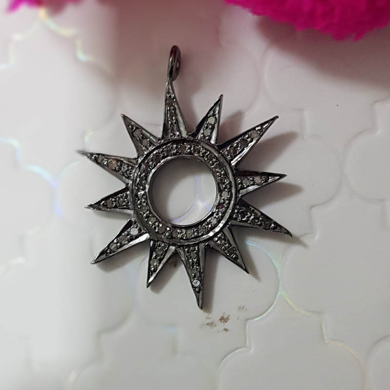 925 Sterling Silver Handmade Pave Diamond Round Sunburst Pendant - 54x22 Mm, 0.48 Cts Diamond Weight, Elegant Design, Stylish Neckwear Item