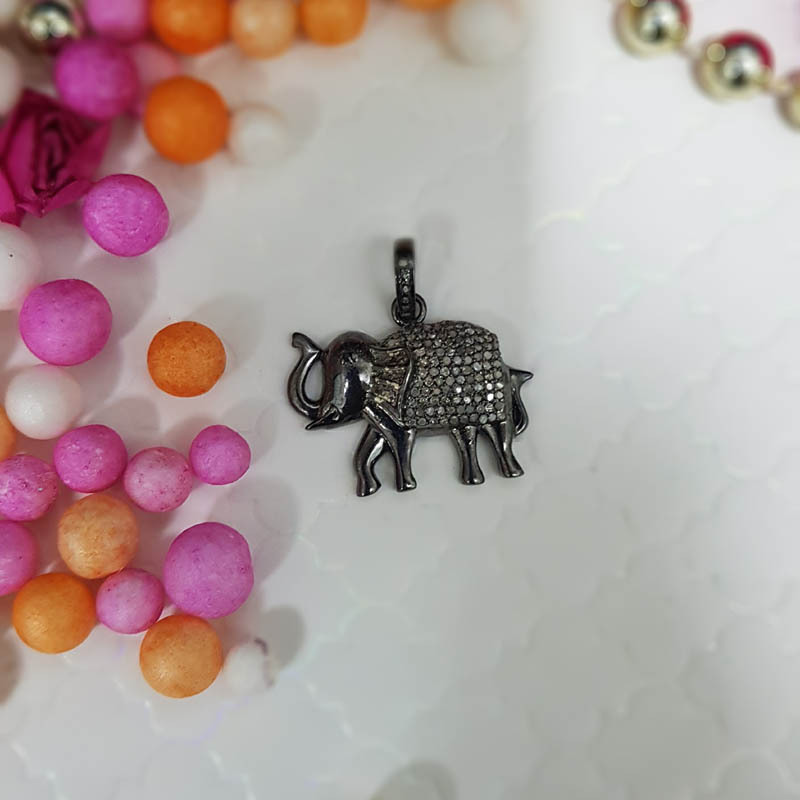 925 Sterling Silver Handmade Pave Diamond Small Elephant Pendant - 54x22 Mm, Black Rhodium Finish, Elegant Design, Stylish Fashion Accessory, Gift Item, 4.3 Grams