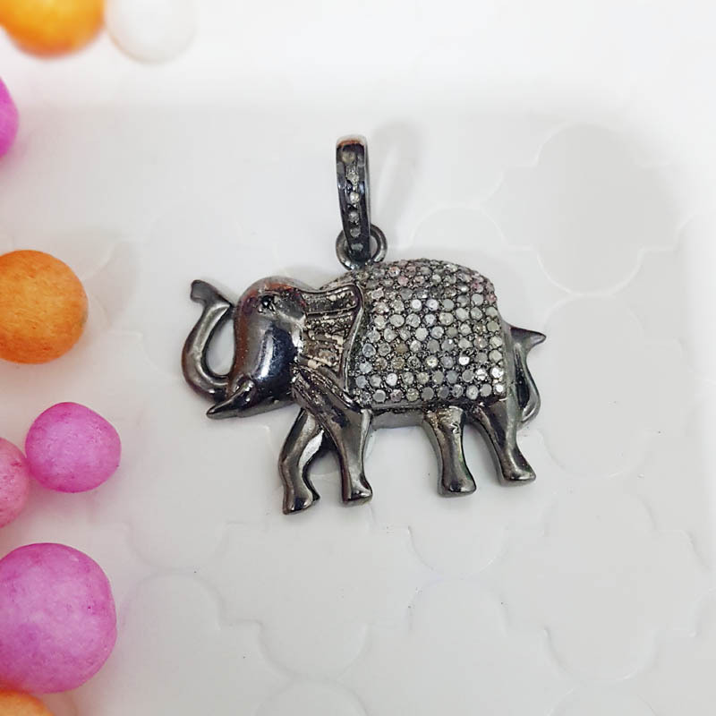925 Sterling Silver Handmade Pave Diamond Small Elephant Pendant - 54x22 Mm, Black Rhodium Finish, Elegant Design, Stylish Fashion Accessory, Gift Item, 4.3 Grams