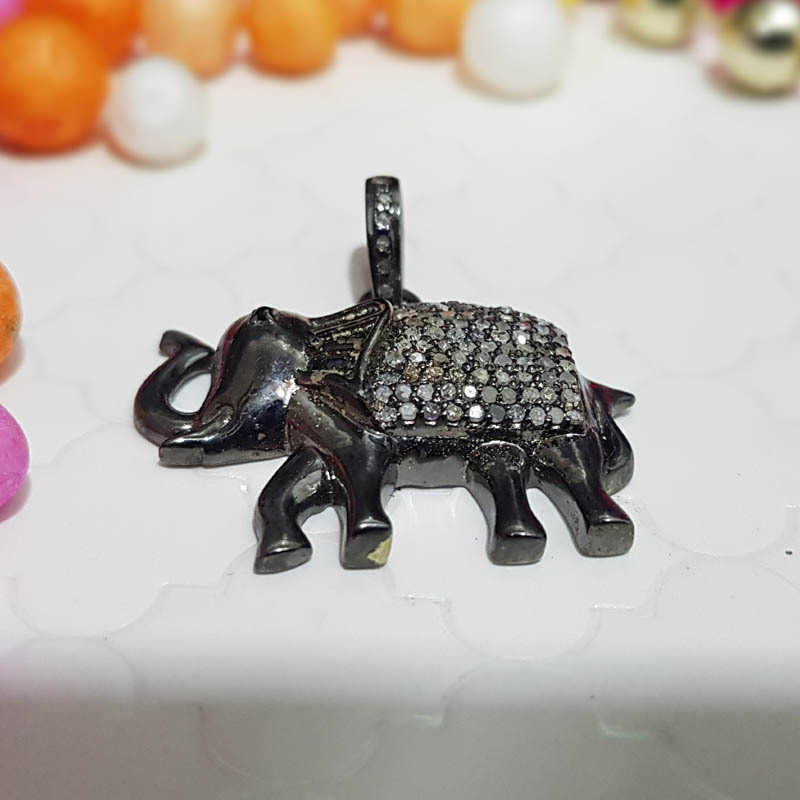 925 Sterling Silver Handmade Pave Diamond Small Elephant Pendant - 54x22 Mm, Black Rhodium Finish, Elegant Design, Stylish Fashion Accessory, Gift Item, 4.3 Grams