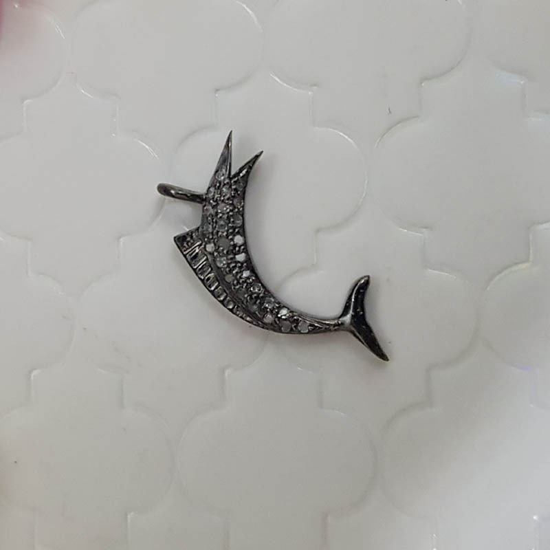925 Starling Silver Handmade Pave Diamond Small Fish Charm Style Pendant