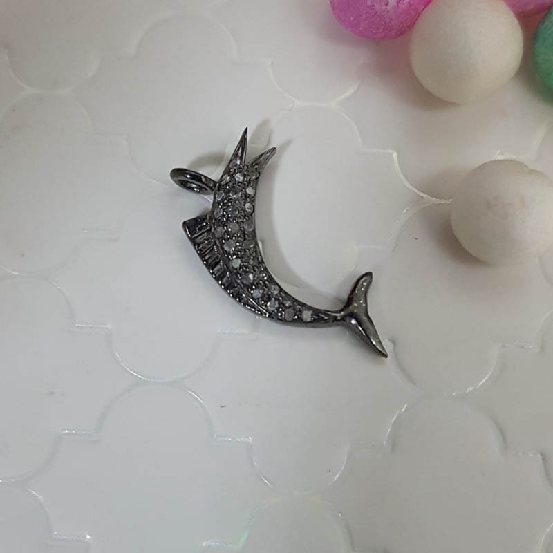 925 Starling Silver Handmade Pave Diamond Small Fish Charm Style Pendant