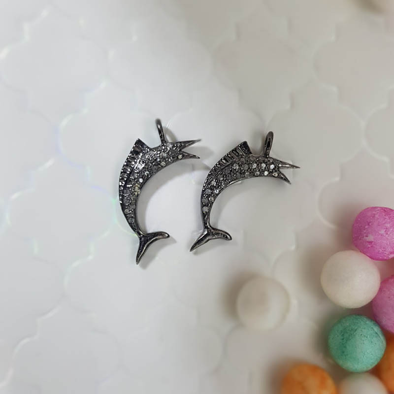 925 Starling Silver Handmade Pave Diamond Small Fish Charm Style Pendant