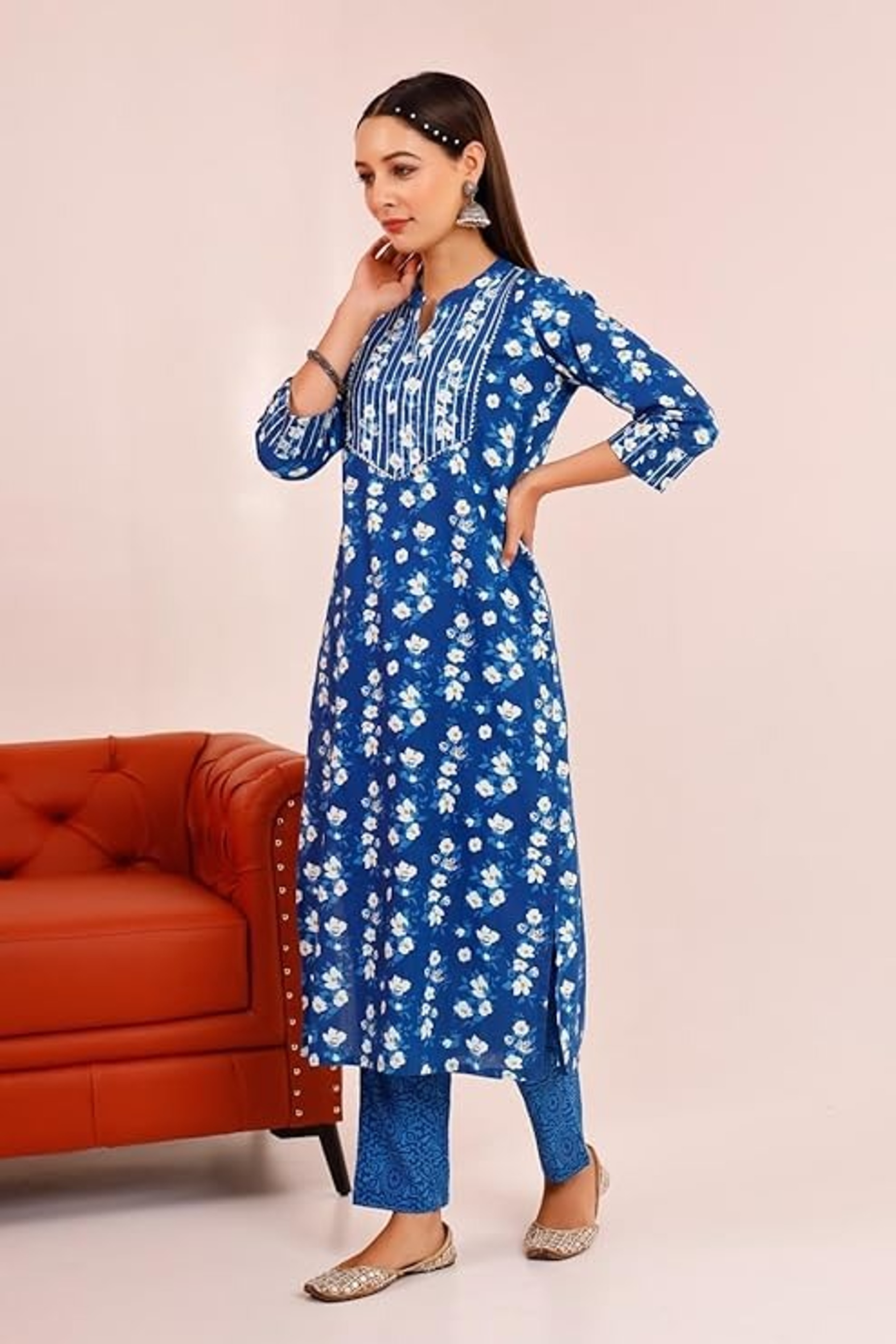 Rayon Kurti - Cotton, All Size Including Xxs To Xxxl | Indigo Blue, 3-4th Sleeve, Printed Casual Wear For Girls