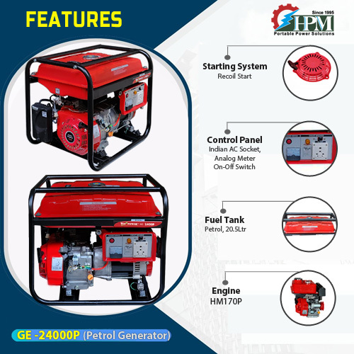 Petrol Generator - 2.1 Kva Max Output 2100va | Low Maintenance, Recoil Start, 19hr Run Time, Compact Design, General Purpose Use, 39kg Weight, 230v Single Phase