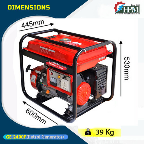 Petrol Generator - 2.1 Kva Max Output 2100va | Low Maintenance, Recoil Start, 19hr Run Time, Compact Design, General Purpose Use, 39kg Weight, 230v Single Phase