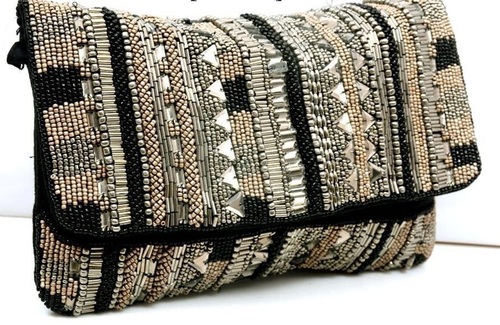 Handcrafted Embellished Evening Clutch Bag - Cotton & Silk, Black and Off-White Color, Ideal for Parties & Weddings