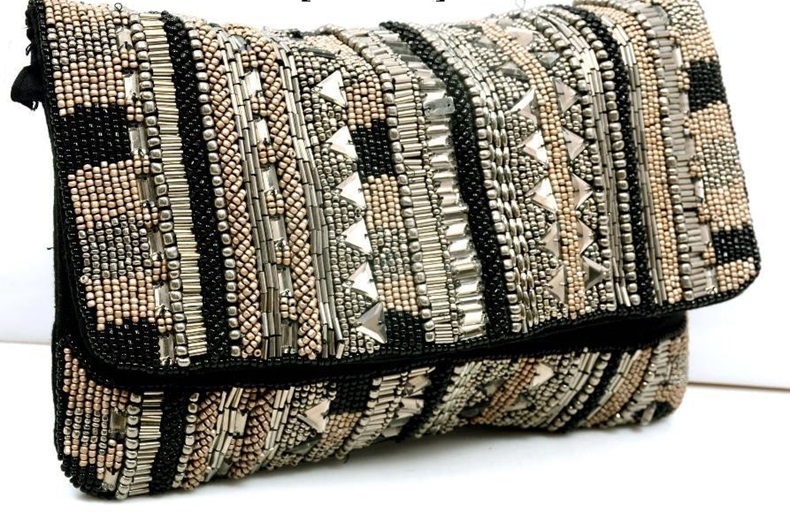 Handcrafted Embellished Evening Clutch Bag - Cotton & Silk, Black And Off-white Color, Ideal For Parties & Weddings
