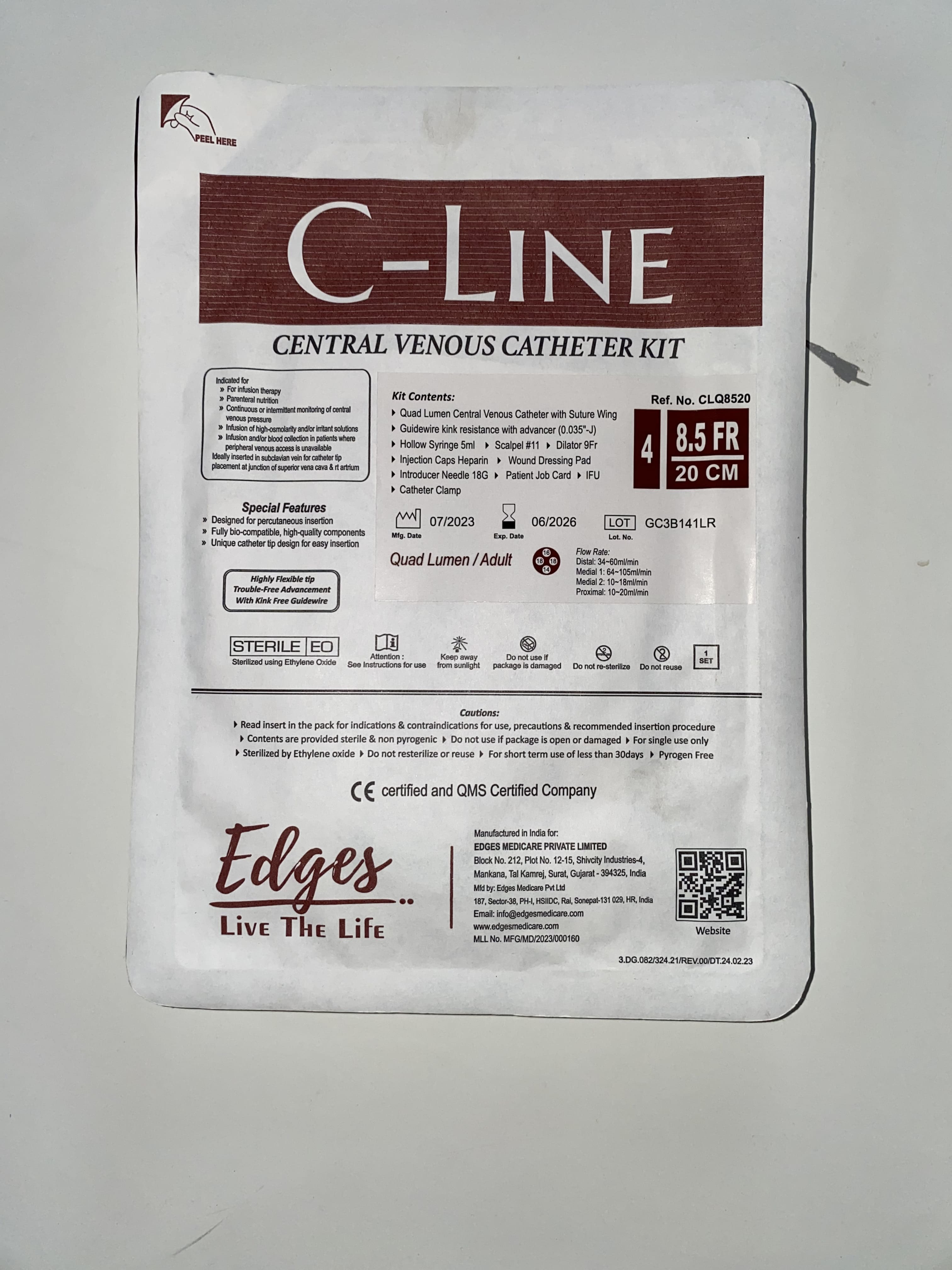 8.5fr 20cm Quad Lumen Cvc Kit Advanced Tip Design Splittable Introducer Radiopaque Markers Use: Hospital