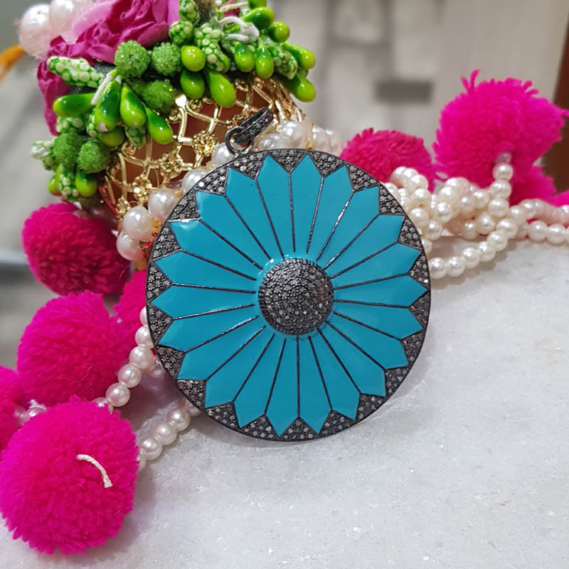 925 Starling Silver Handmade Round Flower Style Enamel With Pave Diamond Pendant