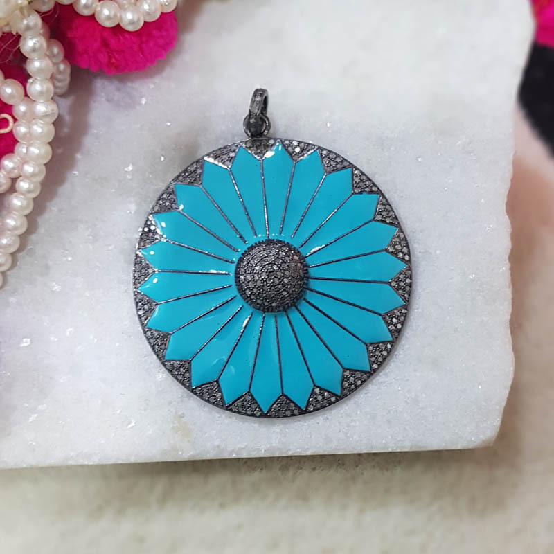 925 Starling Silver Handmade Round Flower Style Enamel With Pave Diamond Pendant