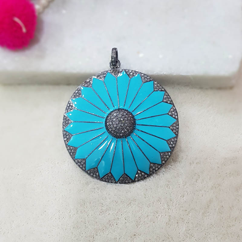 925 Starling Silver Handmade Round Flower Style Enamel With Pave Diamond Pendant
