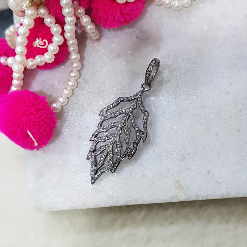 925 Sterling Silver Handmade Pave Diamond Fancy Leaf Shape Pendant - 54x22 Mm, 0.48 Cts Diamond Weight, Elegant Design, Black Rhodium Finish, 4.3 Grams