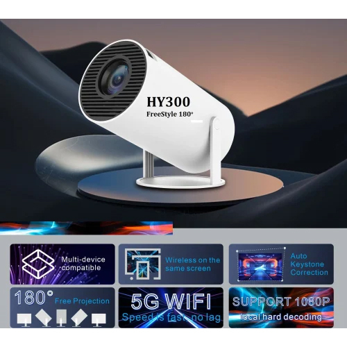 HY300 फ्रीस्टाइल 180 डिग्री घुमाव HD 4K सपोर्ट LED एंड्रॉयड प्रोजेक्टर