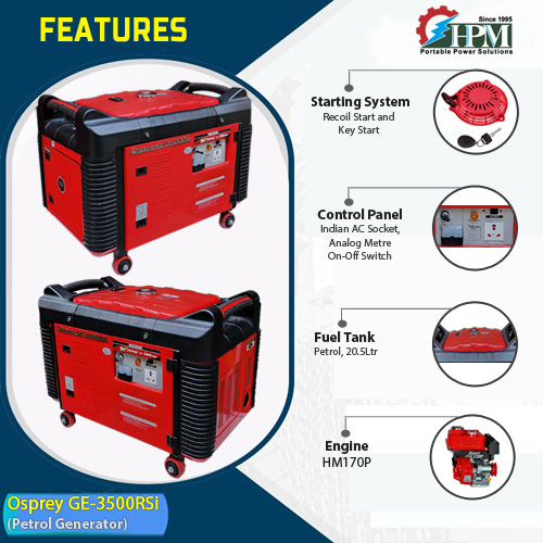 Petrol Generator - 3.5 Kva Output, 16hrs Runtime, Lightweight & Powerful | Recoil & Self Start, Pure Sine Wave, Overloading Capability