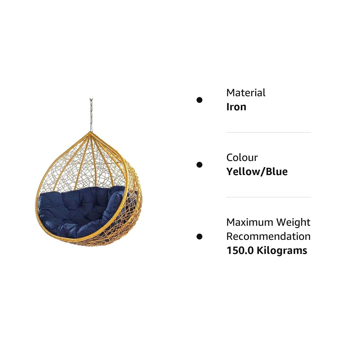 Wicker Swing Chair - Iron Frame, 94.5 Cm Width, Yellow/blue | All Weather Support, Luxury Comfort, Eco-friendly Design, Easy To Clean, Uv Resistant, Water Resistant