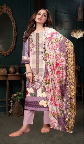 SSC Pakiza Dress Material - Cotton Blend with Digital Print & Cross Stitch, 2.50 mtrs Front & Back Work, 2.00 mtrs Dyed Cotton Bottom, 2.10 mtrs Printed Dupatta
