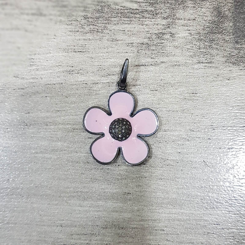 925 Starling Silver Handmade Pave Diamond Pink Enamel Flower Shape Pendant